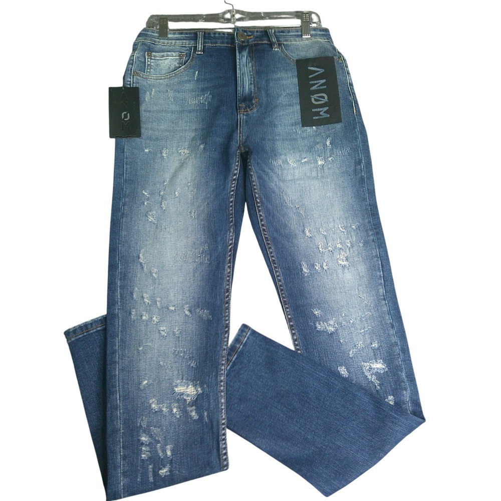 ANOM Sriracha Skinny Fit Distressed Jeans Mens 32 Medium Wash Stretch Denim NWT